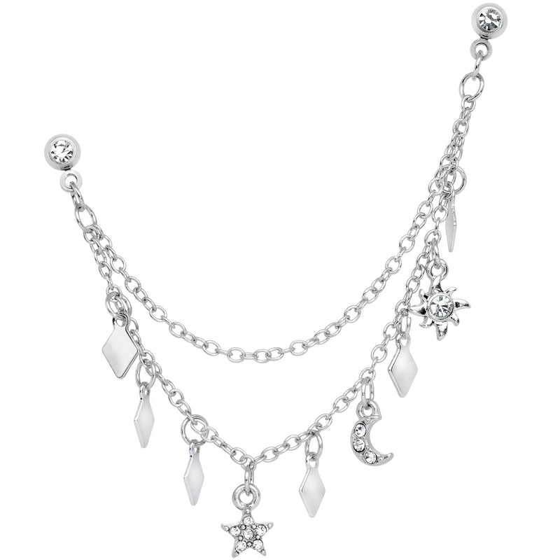 16G 1/4 Clear Gem Moon Star Sun Dangle Cartilage Chain Earring