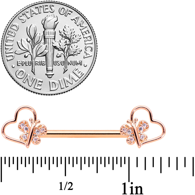 14G 9/16 Clear CZ Rose Gold Tone Heart Barbell Nipple Ring Set