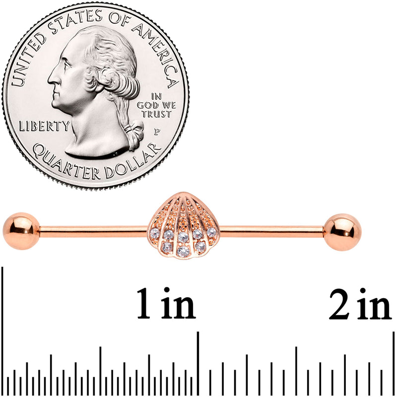 14G Clear Gem Rose Gold Tone Shell Industrial Barbell 38mm