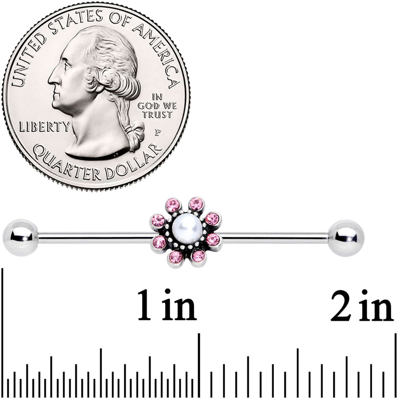 14G Pink Gem Pearlescent Flower Industrial Barbell 38mm