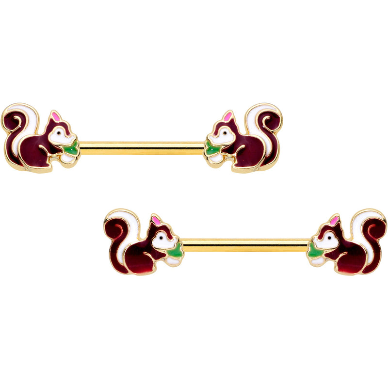 14G 9/16 Gold Tone Snacking Squirrel Barbell Nipple Ring Set
