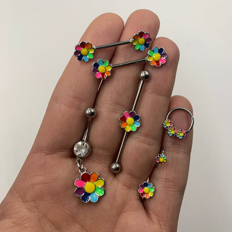 16G 1/4 Rainbow Hippie Flower Labret Monroe Tragus