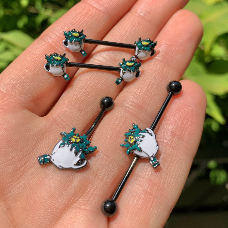 14G 9/16 Black Creepy Halloween Tea Barbell Nipple Ring Set