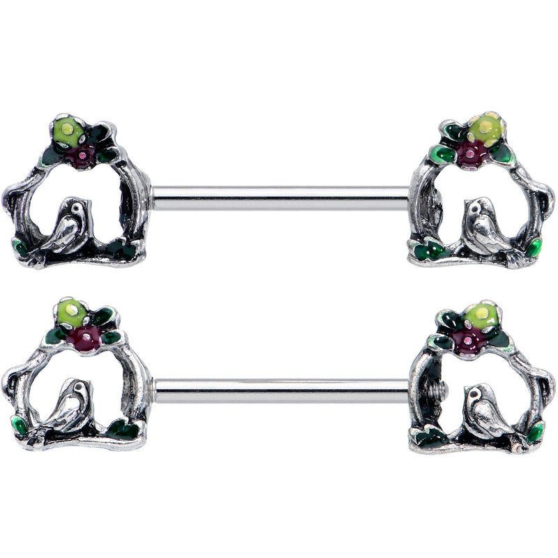 14G 9/16 Purple Yellow Flower Swing Bird Barbell Nipple Ring Set