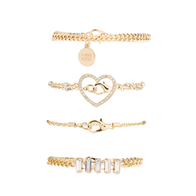 Madden NYC Women's Fashion Gold Tone Pavé Heart Mixed Bracelet Set, 4-Piece
