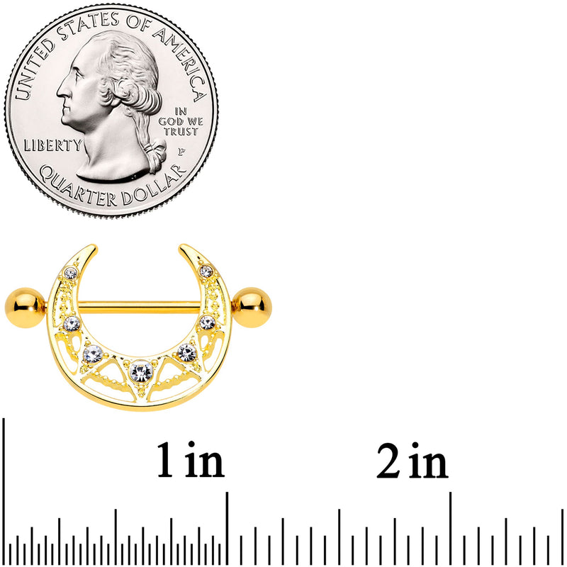 14G 5/8 Clear Gem Gold Tone Open Crescent Nipple Shield Set