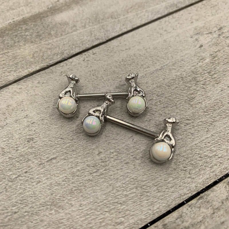 14G 9/16 White Orb Baby Bear Barbell Nipple Ring Set
