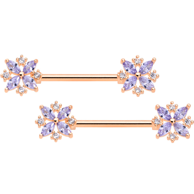 14G 5/8 Purple CZ Gem Rose Gold Tone Star Burst Nipple Ring Set
