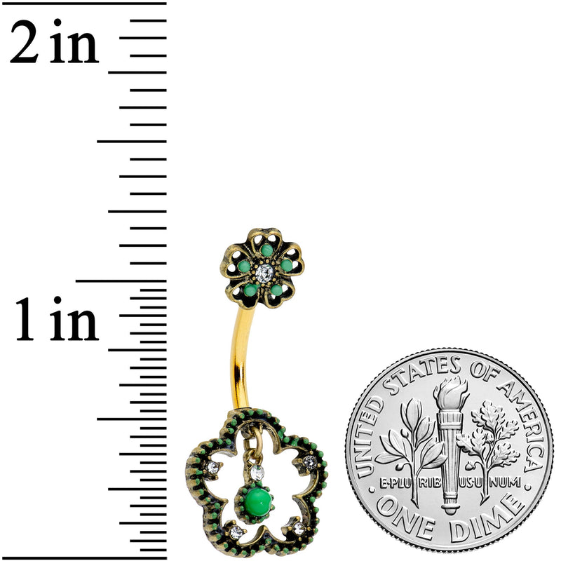 Clear Gem Gold Tone Open Green Flower St Patricks Day Belly Ring