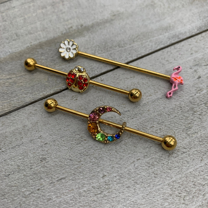 14G Red Gem Gold Tone Ladybug Industrial Barbell 38mm