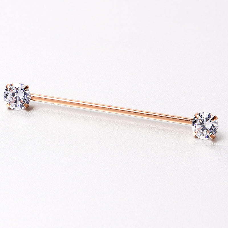 14G Clear CZ Gem Rose Gold Tone Threadless Industrial Barbell 38mm