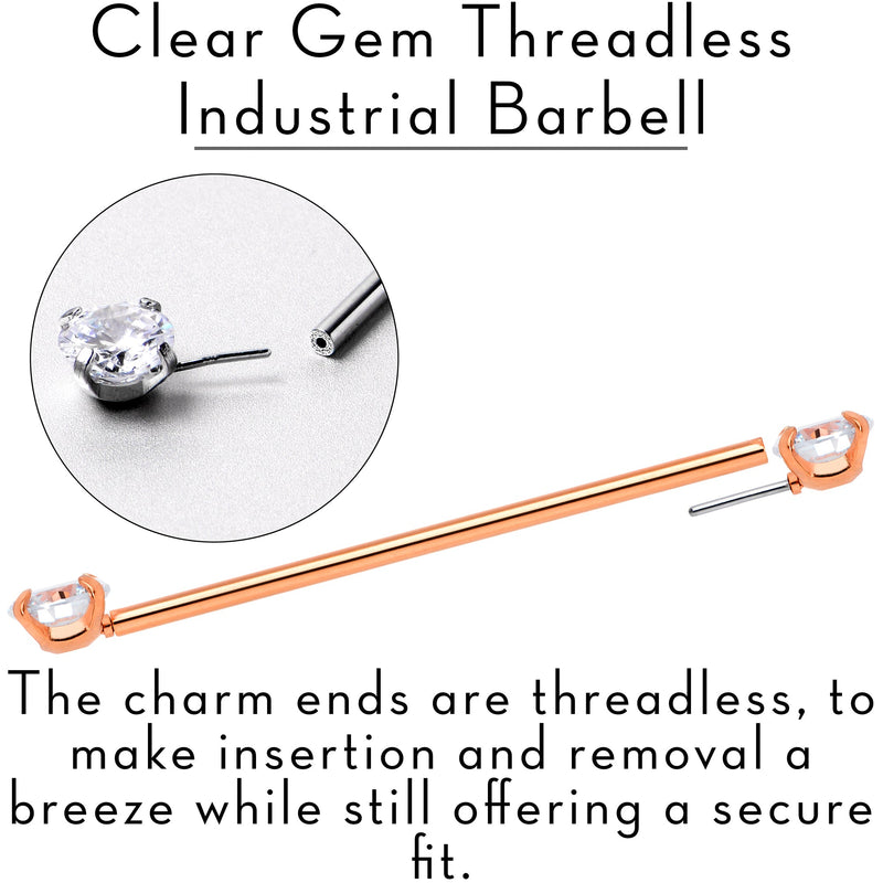 14G Clear CZ Gem Rose Gold Tone Threadless Industrial Barbell 38mm