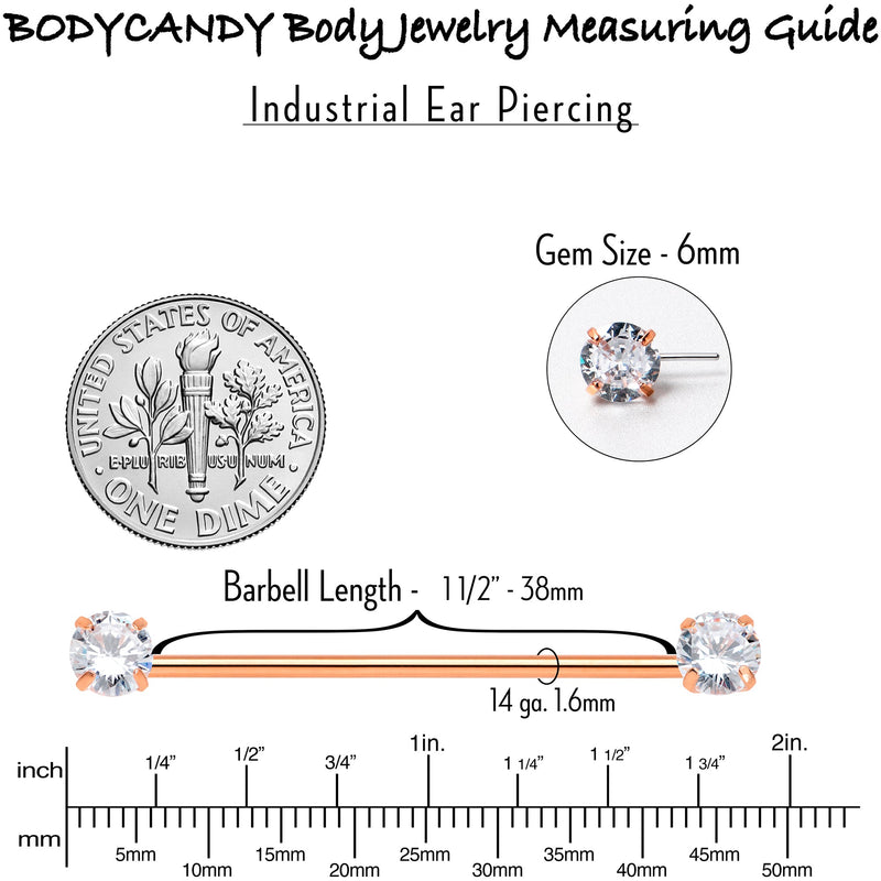 14G Clear CZ Gem Rose Gold Tone Threadless Industrial Barbell 38mm