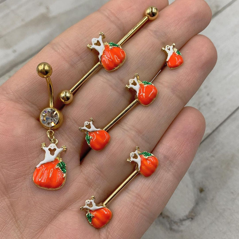 14G Gold Tone Haunted Pumpkin Industrial Barbell 38mm