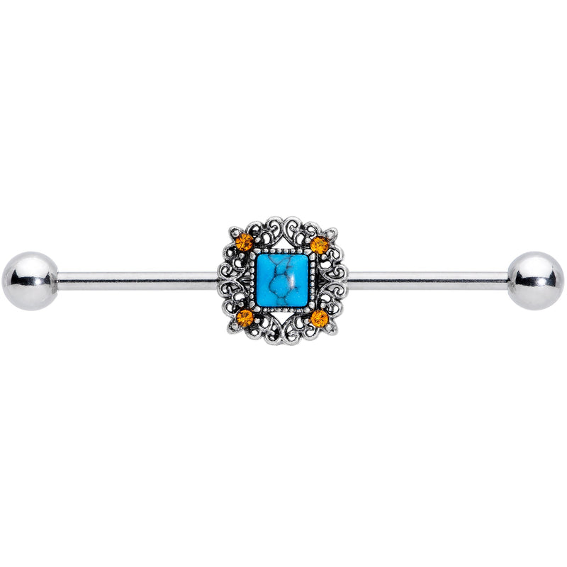 14G Yellow Gem Blue Faux Turquoise Square Industrial Barbell 38mm