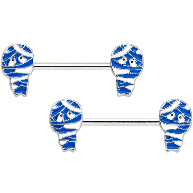 14G 9/16 Blue White Mummy Halloween Barbell Nipple Ring Set