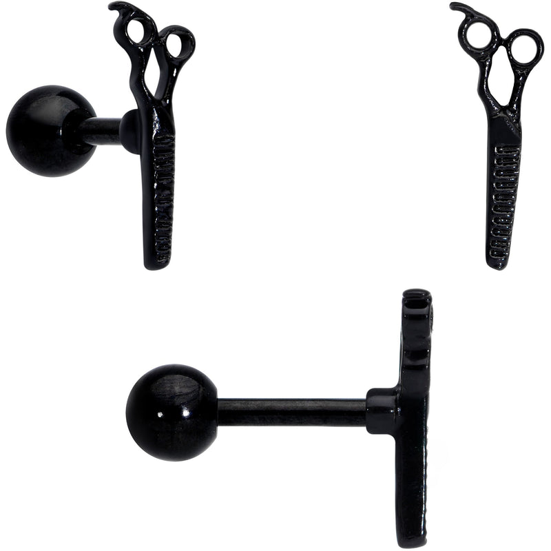 16G 1/4 Black Scissor Comb Hair Cartilage Tragus Earring Set of 3