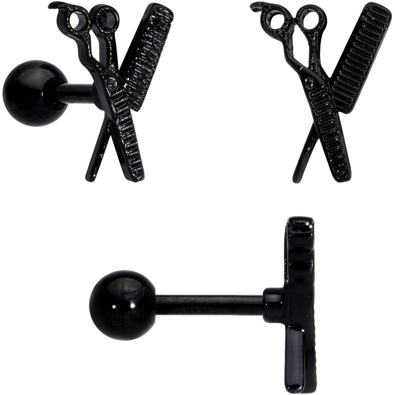 16G 1/4 Black Scissor Comb Hair Cartilage Tragus Earring Set of 3