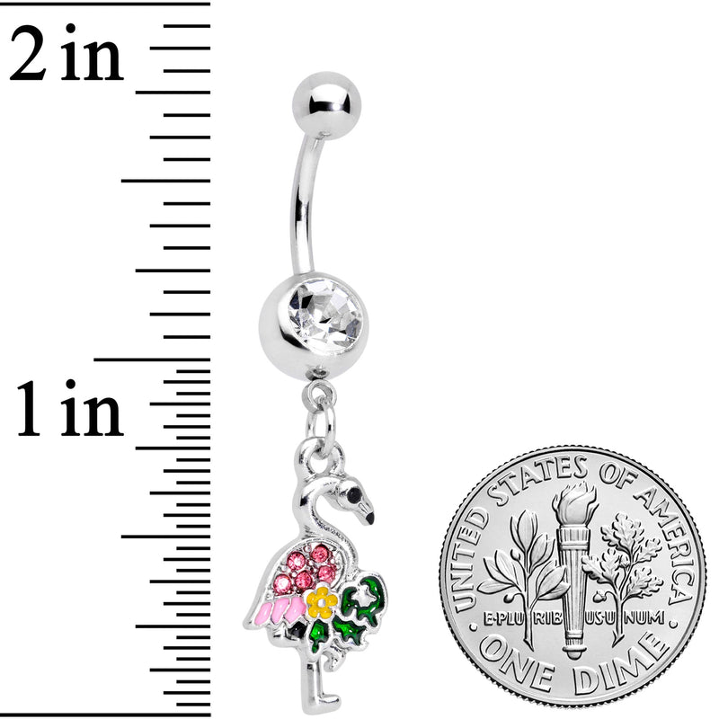 Clear Pink Gem Funky Flamingo Dangle Belly Ring