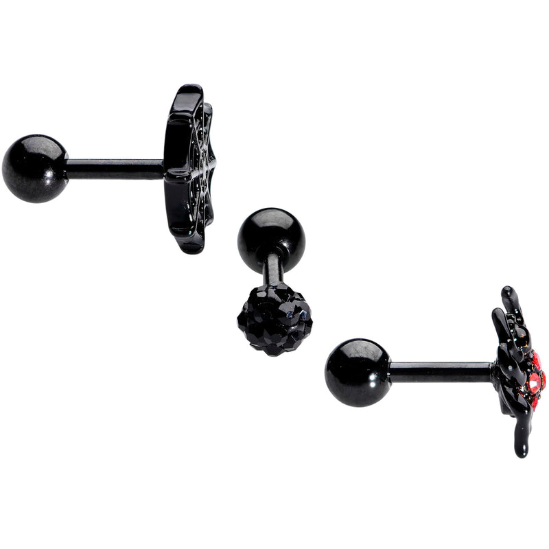 16G 1/4 Black Red Gem Spider Halloween Cartilage Tragus Set of 3