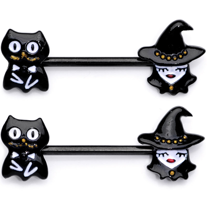 14G 9/16 Black Cat Pretty Witch Halloween Barbell Nipple Ring Set