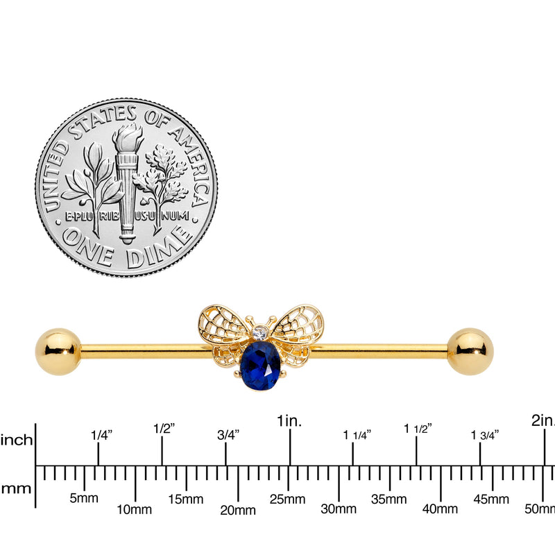 14G Blue Gem Gold Tone Beautiful Bee Industrial Barbell 38mm