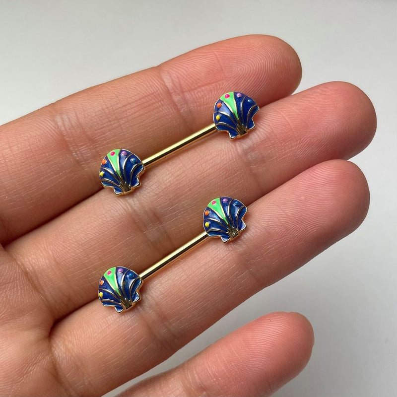 14G 9/16 Gold Tone Blue Shells Barbell Nipple Ring Set