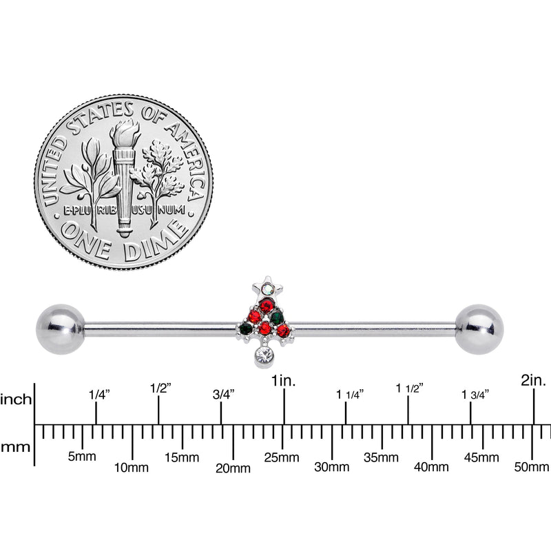 14G Clear Red Green Gem Christmas Tree Industrial Barbell 38mm