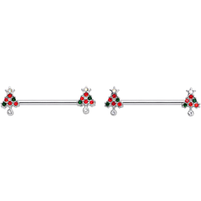 14G 11/16 Clear Red Green Gem Christmas Tree Nipple Ring Set