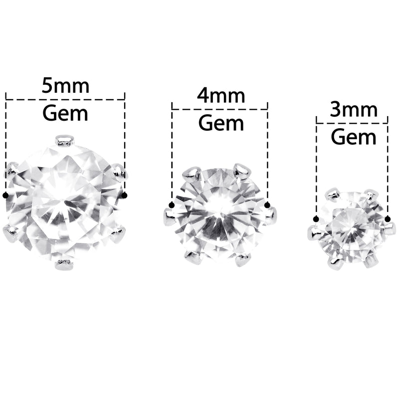 20G Clear CZ Gem 3mm to 5mm Post Stud Earring Set of 3