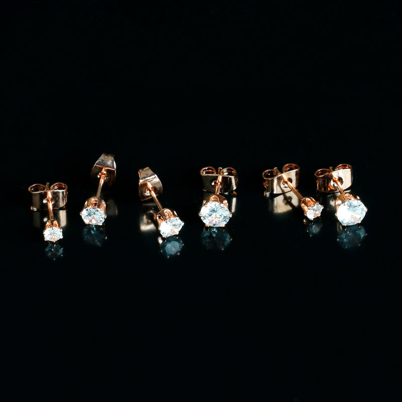 20G Clear CZ Gem Rose Gold Tone Post Stud Earring Set of 3