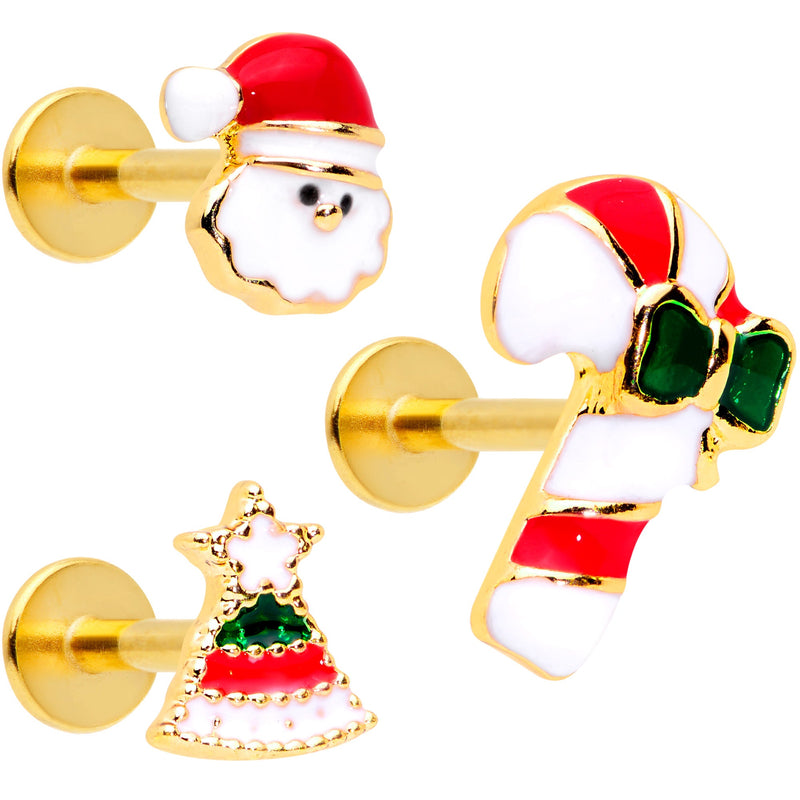 16G 5/16 Gold Tone Candy Cane Santa Tree Labret Tragus Set of 3