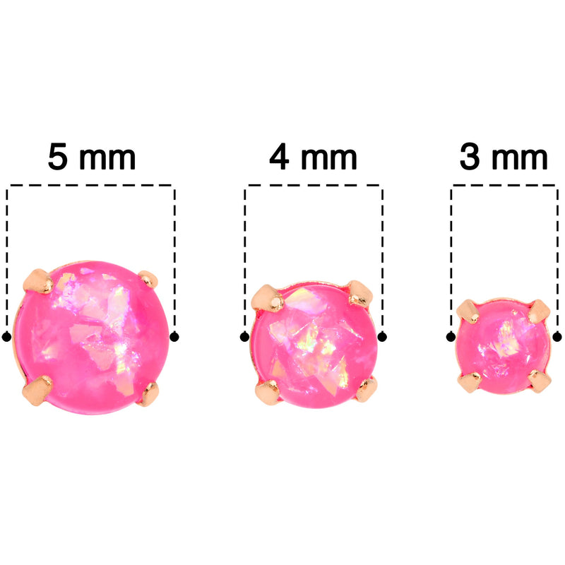 20G Pink Faux Opal Rose Gold Tone 3mm 5mm Stud Earrings Set of 3