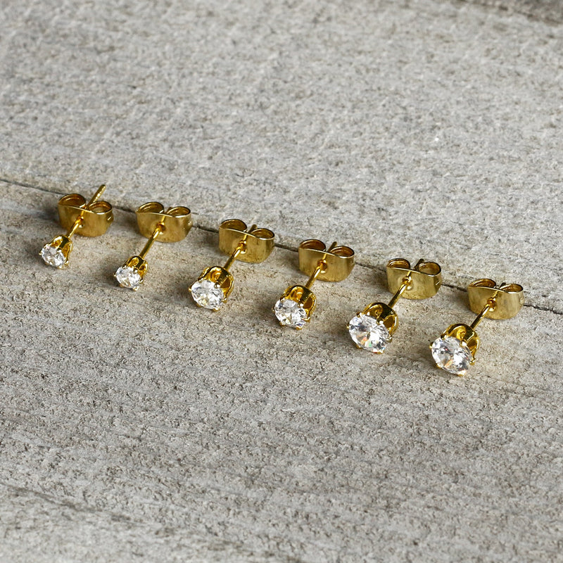 20G Clear CZ Gem Gold Tone 3mm to 5mm Post Stud Earring Set of 3