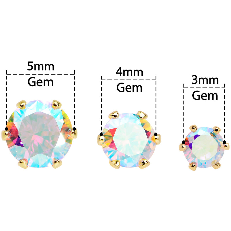 20G Aurora CZ Gem Gold Tone 3mm to 5mm Post Stud Earring Set of 3