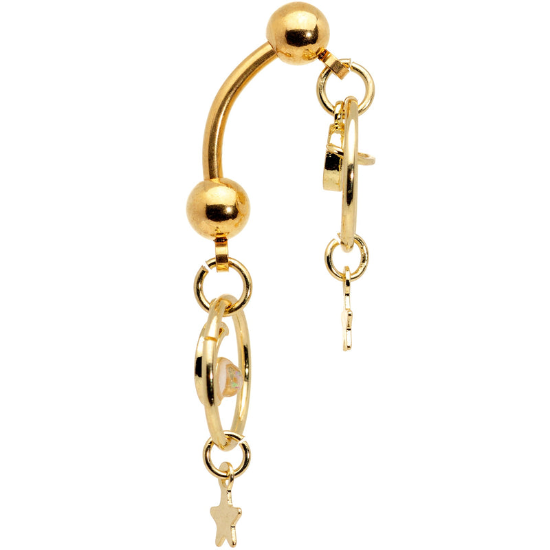 White Synthetic Opal Gold Tone Saturn Moon Double Mount Belly Ring
