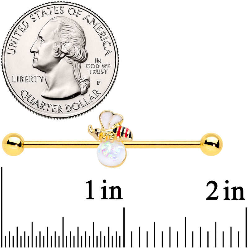 14G White Faux Opal Gold Tone Insect Industrial Barbell 38mm