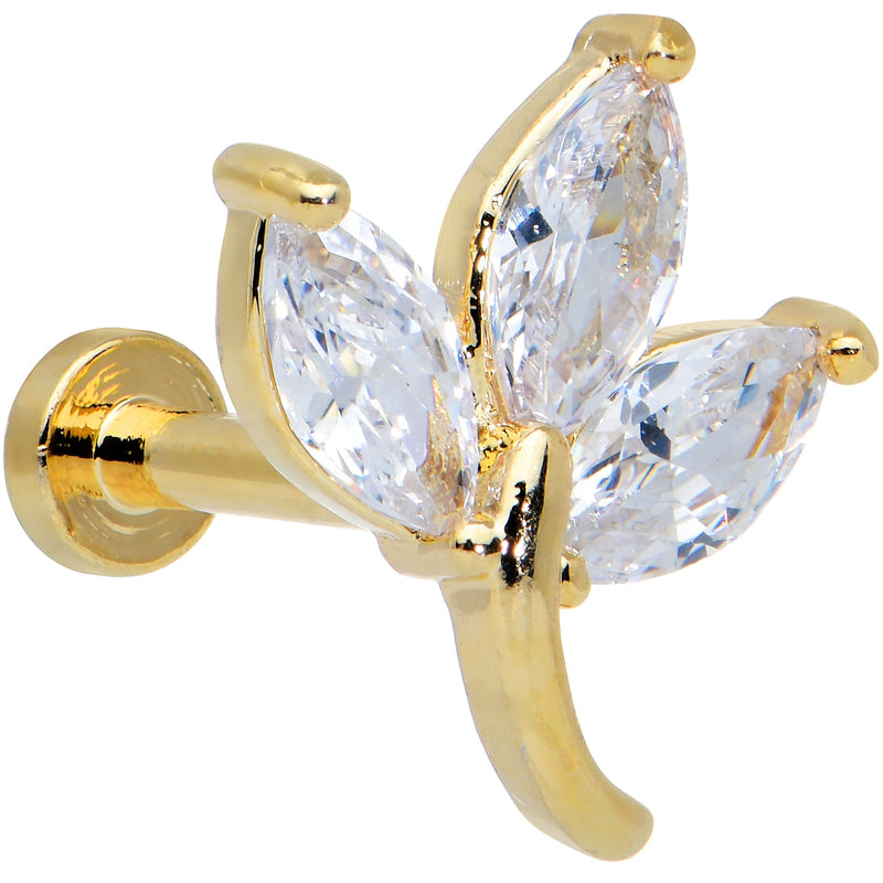16G 1/4 Clear CZ Gem Gold Tone Leaves Internal Thread Labret