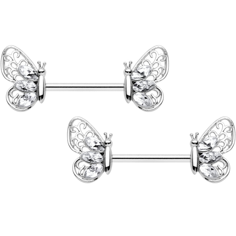14G 9/16 Clear Gem Lacy Butterfly Barbell Nipple Ring Set