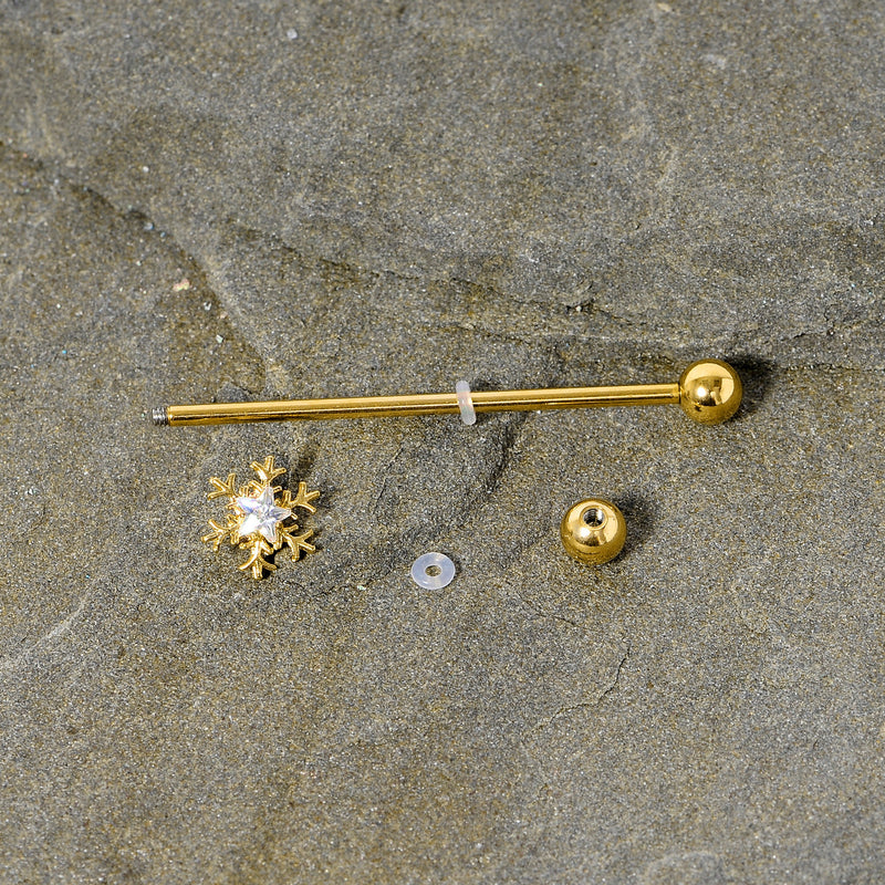 14G Clear Gem Gold Hue Snowflake Christmas Industrial Barbell 38mm