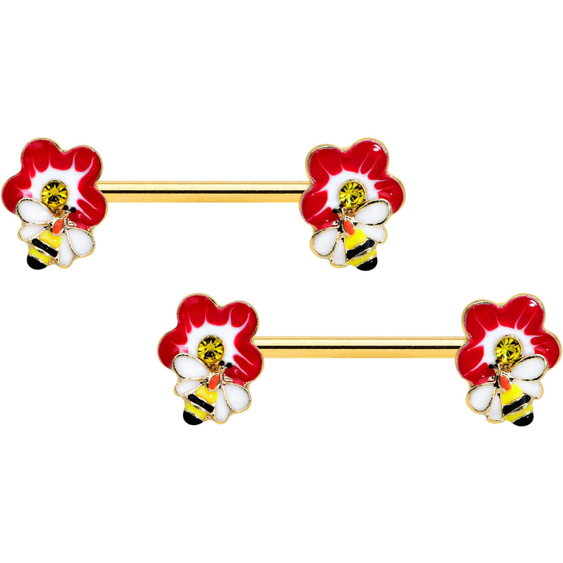 14G 9/16 Yellow Gem Gold Tone Queen Bee Flower Nipple Ring Set