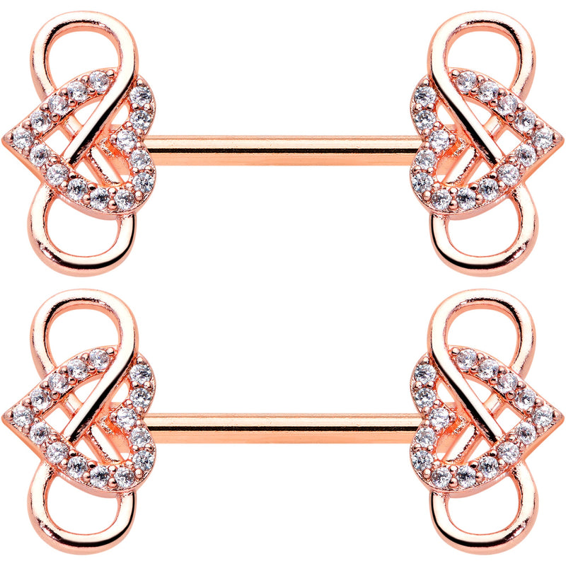 14G 1/2 Clear CZ Gem Rose Gold Hue Infinity Heart Nipple Ring Set
