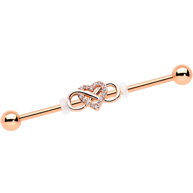 14G Clear CZ Gem Rosy Infinity Heart Industrial Barbell 38mm
