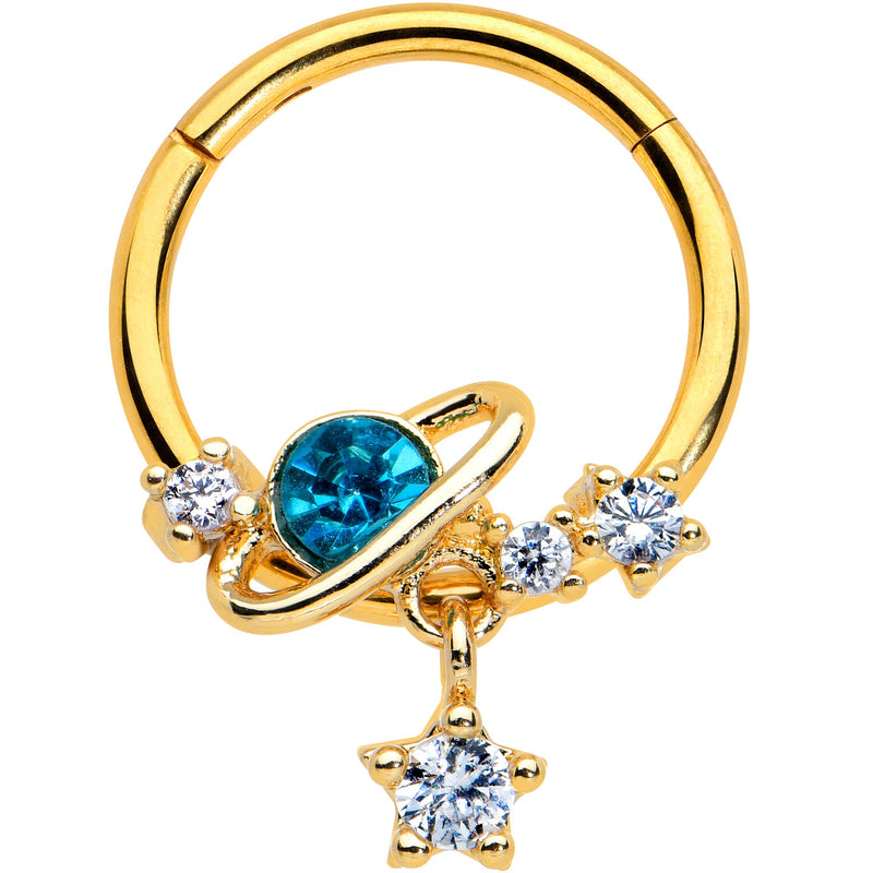 16G 3/8 Clear CZ Gem Gold Hue Blue Saturn Star Hinged Segment Ring