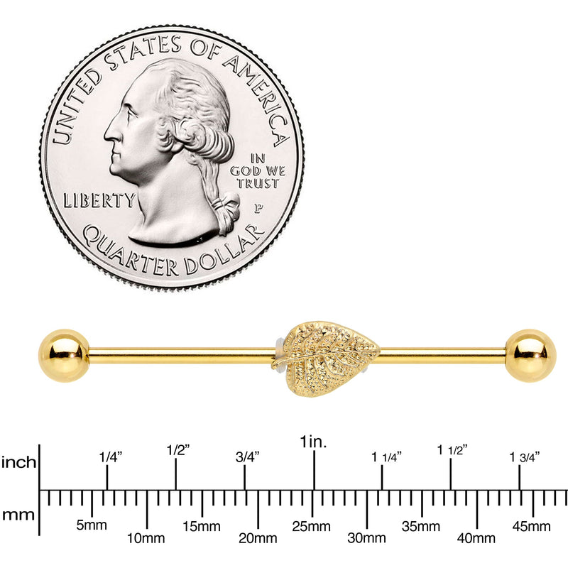 14G Gold Tone Autumn Textured Leaf Industrial Barbell 38mm