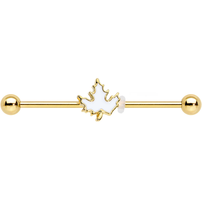 14G Gold Tone Autumn White Maple Leaf Industrial Barbell 38mm