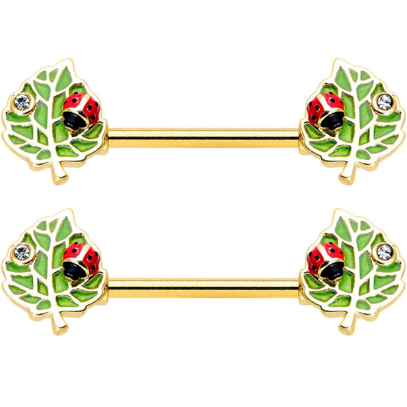14G 9/16 Clear Gem Gold Hue Leafy Ladybug Barbell Nipple Ring Set