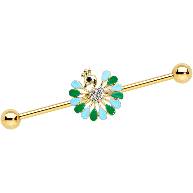 14G Clear Black Gold Tone Pretty Peacock Industrial Barbell 38mm
