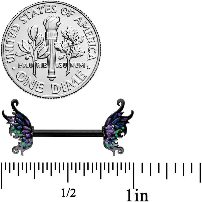 14G 1/2 Black Faerie Wings Fantasy Barbell Nipple Ring Set