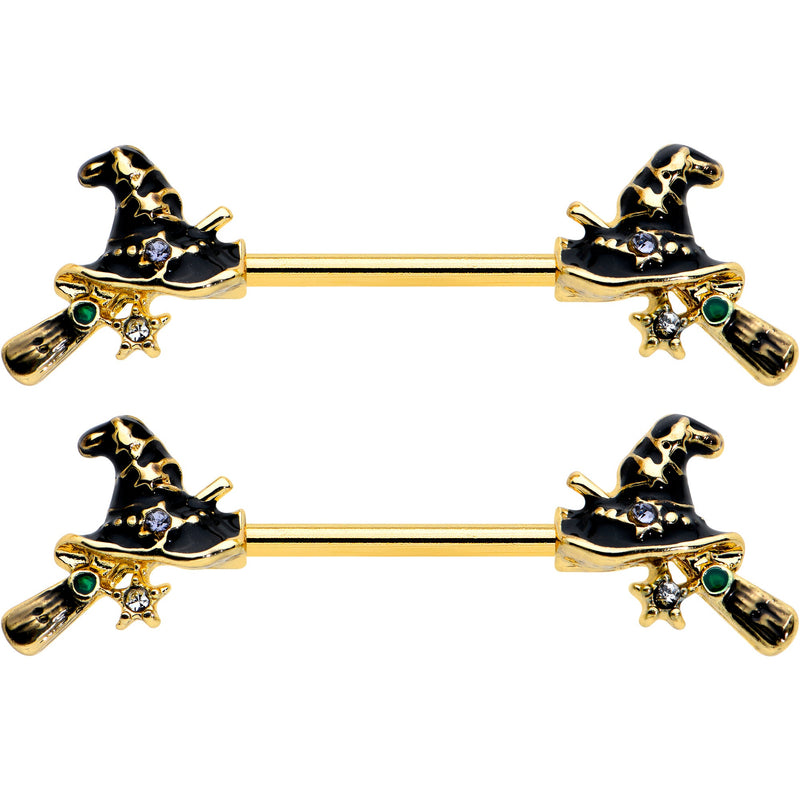 14G 9/16 Clear Gem Gold Tone Witch Hat Broom Nipple Ring Set